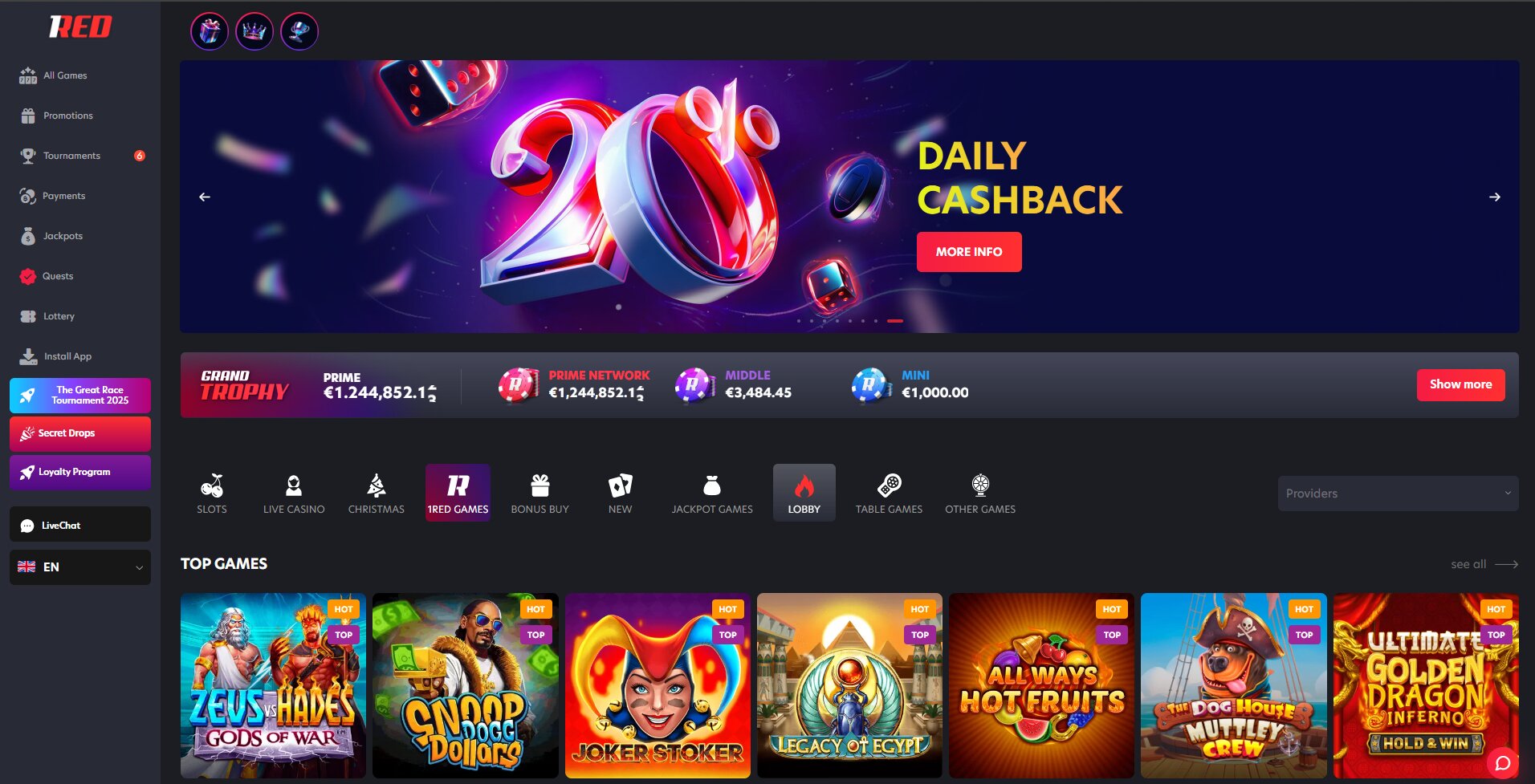 1RED Casino Startpagina